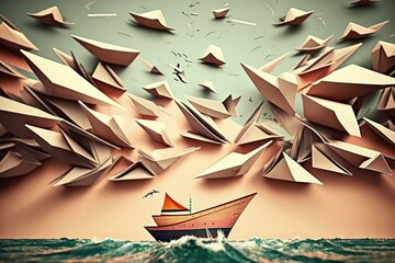 Ambition and success conveyed by paper planes soaring over boats in image. Generative AI