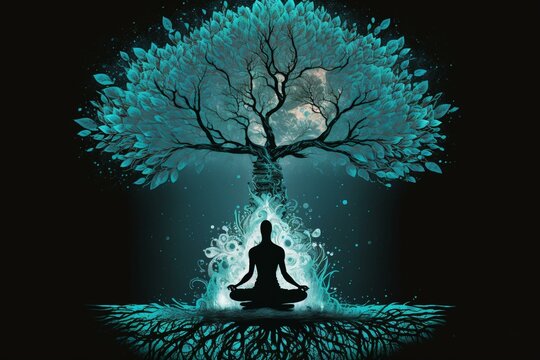 Tree in lotus yoga pose promoting mindfulness and meditation. Generative AI