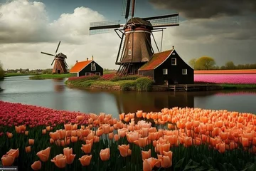 Photo sur Aluminium Rotterdam The Netherlands, Dutch country, famous for its tulips, windmills, and bicycles. Generative AI