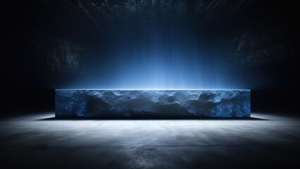 blue glossy single-phase or pedestal display on a dark background, standing product stage background, 3D rendering, single point lighting.