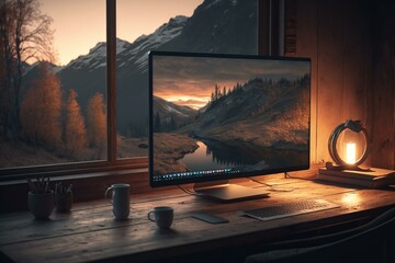 A computer setup on a wooden table in front of a window during the evening. A mockup. Generative AI
