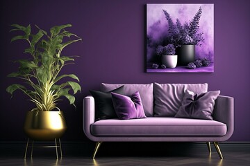 Purple theme room with sofa, pillow and plant in trendy vase against a purple wall. Generative AI