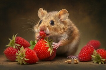 Adorable rodent munches on sweet strawberries. Generative AI