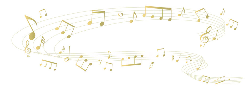 遠近感のある楽譜のフレームイラスト　ゴールド　五線譜　背景イラスト　音符、休符、音楽記号のイラスト