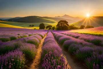 Fototapeta na wymiar lavender field at sunrise generative AI