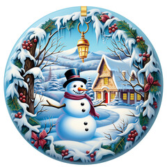 a 3D snowman with holy leaf wreath covered with snow, winter scene, Christmas round sign sublimation