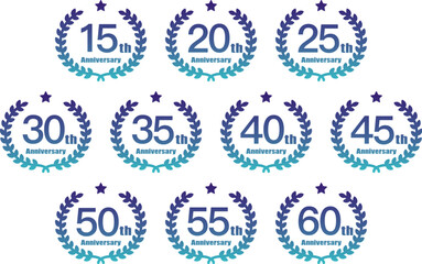 Laurel motif anniversary illustration set / 15th anniversary to 60th anniversary / logo / icon /blue