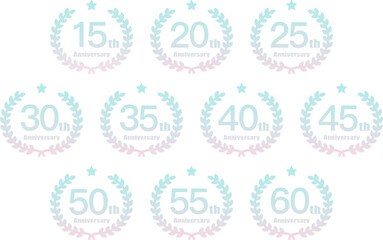 Laurel motif anniversary illustration set / 15th anniversary to 60th anniversary / logo / icon / light blue