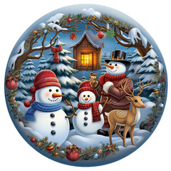 3d snowman family with reindeer and snow covered christmas tree, Christmas round sign sublimation
