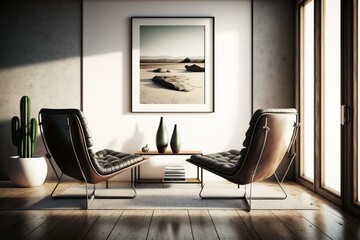 Modern lounge with chairs, natural light, and picture frame. Generative AI