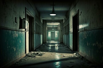 A chilling photograph of a deserted hospital corridor. Generative AI