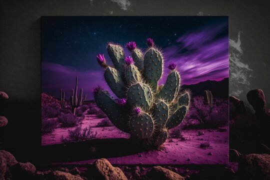 Stunning purple cactus stands out in the desert as the night sky glows above. Generative AI