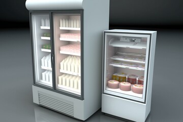 3D rendered refrigeration display with freezer, refrigerated cabinet, and fridge. Generative AI
