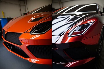 Transformation of car after restoration and paint correction in detailing studio. Generative AI