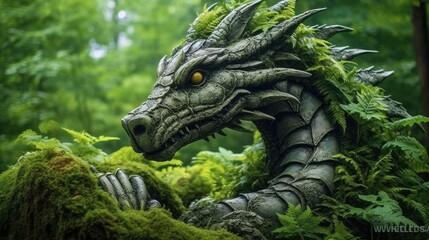 A majestic dragon statue surrounded by the enchanting beauty of a lush forest