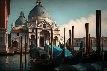Digital rendition of Venice's gondolas and bridges. Generative AI