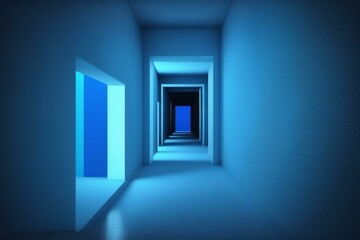 Bright, blue, empty 3D corridor, illuminated. Generative AI