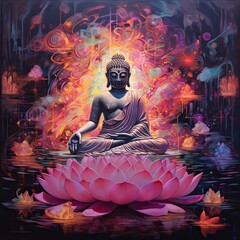 A serene Buddha sitting atop a vibrant pink flower, symbolizing enlightenment and beauty in nature