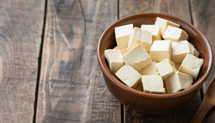Bowl of raw tofu cubes on rustic wooden background