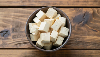 Bowl of raw tofu cubes on rustic wooden background
