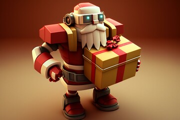 A 3D robot Santa holding gift package in cartoony style. Generative AI