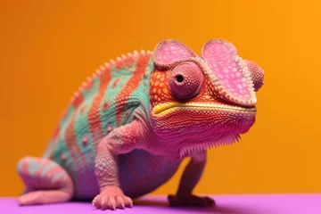 Zelfklevend Fotobehang A vibrant chameleon perched on a bright pink surface © pham