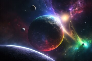 A colorful space scene with a shining planet and stars. Generative AI