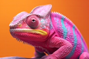 Fototapeta premium A vibrant chameleon perched on a table