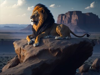 A lion on a cliff in the desert