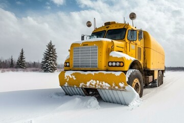Snowplow-equipped yellow truck. Generative AI