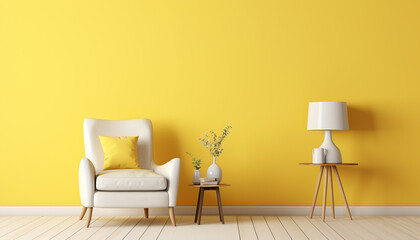 Modern living room with sofa, armchair, interior design, 3d illustration, yellow and white, created with ai generative technology