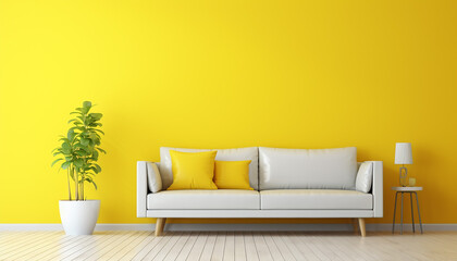 Modern living room with sofa, interior design, 3d illustration, yellow, created with ai generative technology
