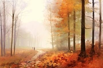 Whispers of Nature: Foggy Forest Watercolor Painting (Generative AI)