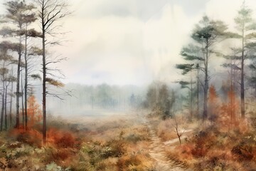 Ethereal Woodlands: Watercolor Art of a Foggy Forest (Generative AI)