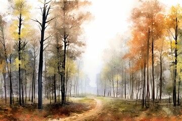 Mystical Forest: Watercolor Painting of Foggy Enchantment (Generative AI)