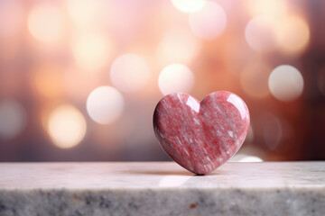 Fototapeta premium Valentine Background with Marble Heart on a Marble Table, Beautiful Bokeh