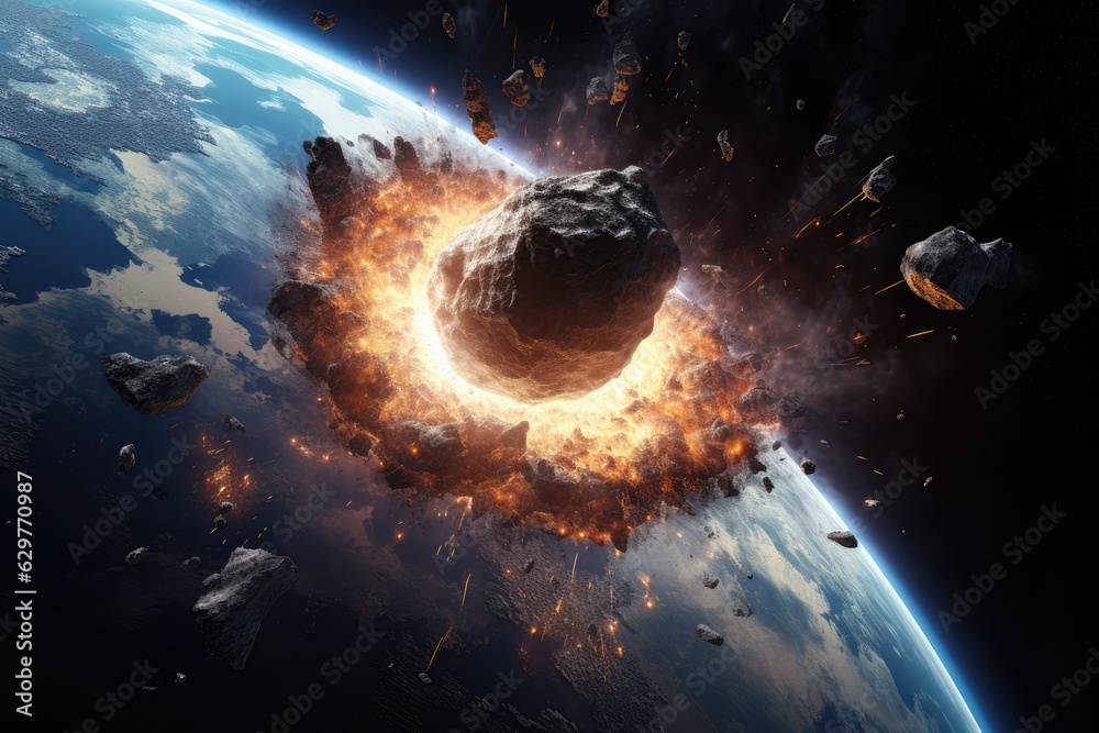 Wall mural view from space to the planet into which a huge meteorite crashes