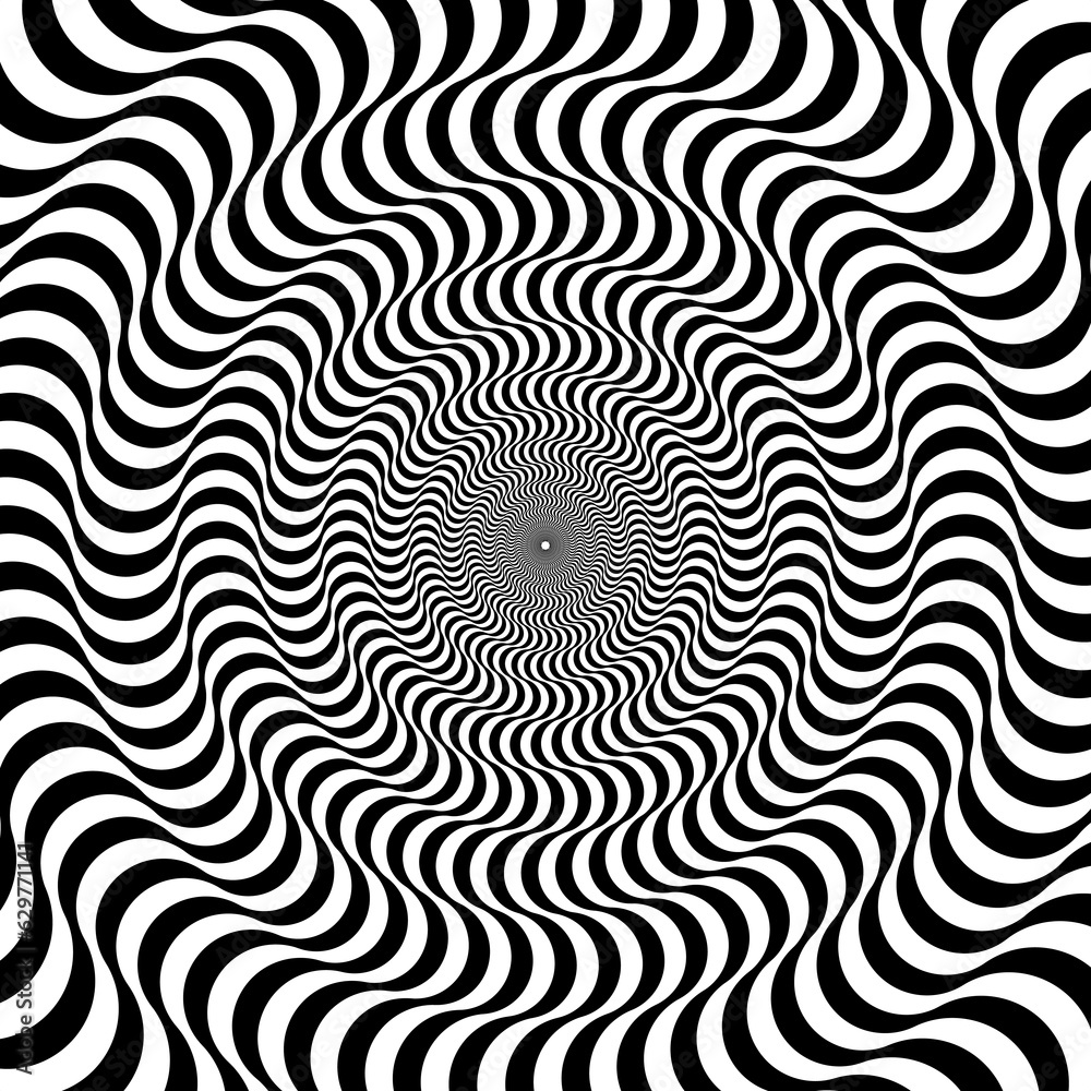 Poster optical illusion background. black and white abstract distorted wavy lines surface. radial waves pos