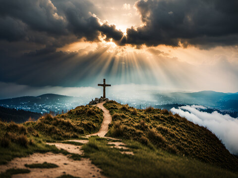 Holy cross symbolizing the death and resurrection of Jesus Christ with The sky over Golgotha Hill is shrouded in light and clouds