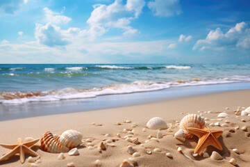 Fototapeta na wymiar Tropical Beach with Shells. Summer Abstract Background 