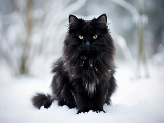 Naklejka na ściany i meble Fluffy Black Cat Sitting Outdoors in the Snow in Winter