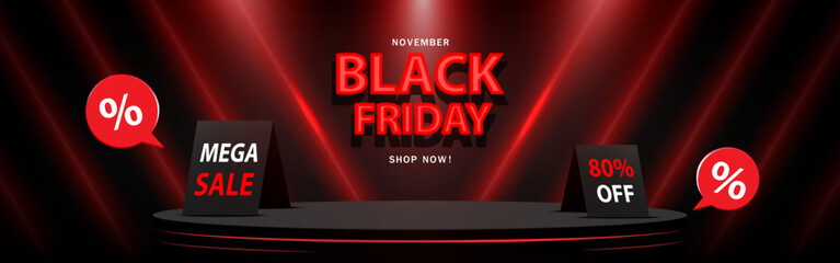 Black Friday Sale concept Stage podium for product display. Modern scene backdrop with Neon light. Vector illustration.