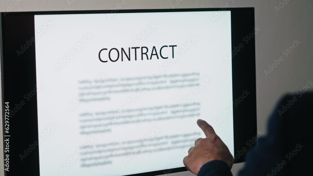 Poster businessman reading contract documents on computer screen in office