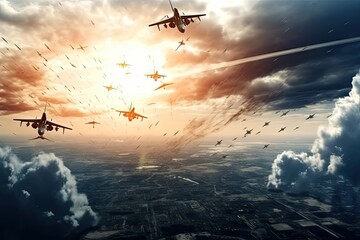 A formation of airplanes soaring through a dramatic cloudy sky