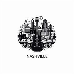 USA United States of America Nashville modern city landscape skyline logo. Panorama vector flat Tennessee icon with abstract shapes of music guitar. AI generative