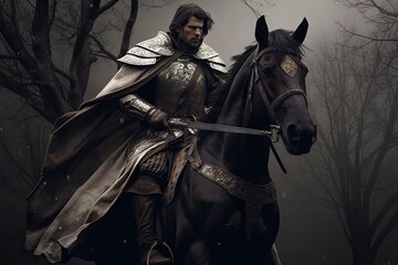 A knight on horseback galloping through a lush woodland