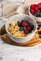 Bowl of homemade oats granola with yogurt and fresh berries