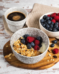 Bowl of homemade oats granola with yogurt and fresh berries