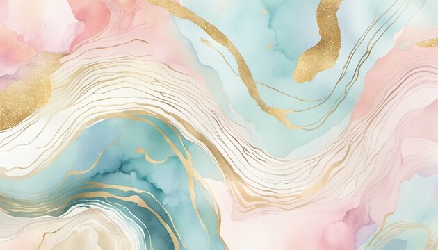 Watercolor abstract with pastel colors and golden lines