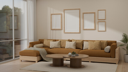 Interior design of a modern and cozy living room in warm tone with a comfortable couch